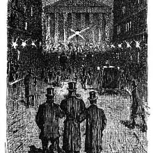 Three men are seen from behind walking at night, arm in arm