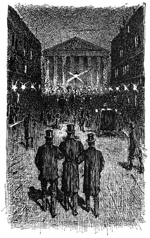 Three men are seen from behind walking at night, arm in arm