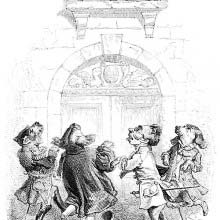 Dogs with human features dance under a window where a man is enjoying the show