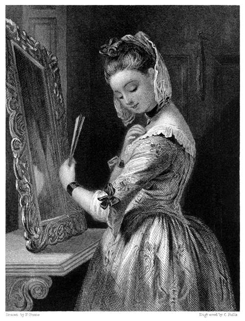 A young woman stands before a mirror and straightens the collar of her dress