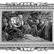 Democritus looks thoughtfully at a skull, ignoring the bystanders staring at him