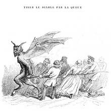 A group of people plays a game of tug of war with the Devil's tail