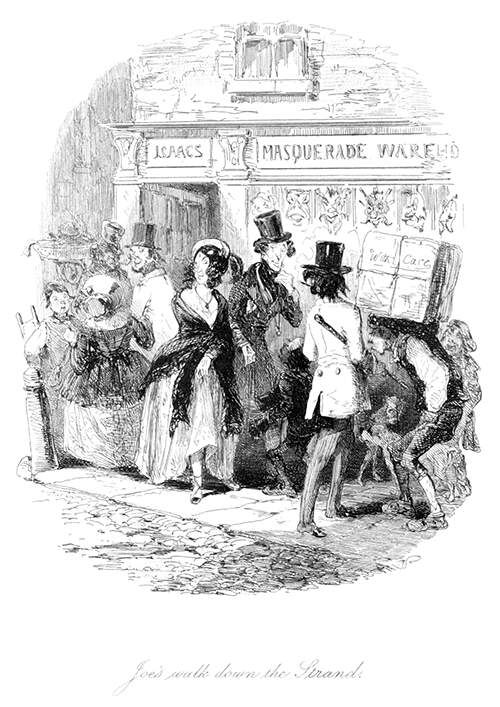 View of a busy street in front of a masquerade warehouse