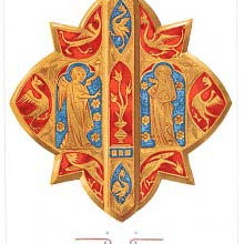 Gilt-copper fastener with enamel decoration showing the Annunciation