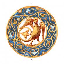 Medallion showing an openwork harpy-like figure and a border of blue enamel