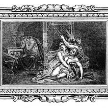 A dead man is being hoisted on the gallows by a soldier and a woman