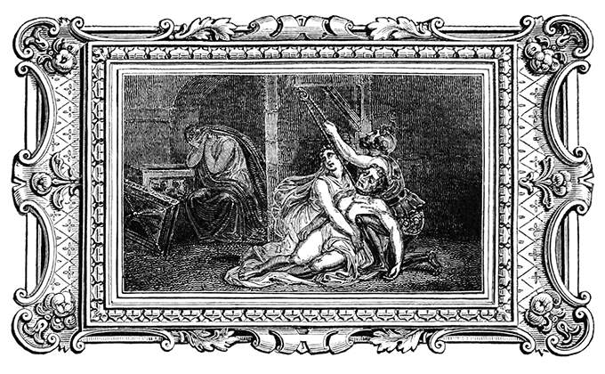 A dead man is being hoisted on the gallows by a soldier and a woman