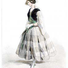 Fashion plate showing a woman wearing a striped dress with a green bodice