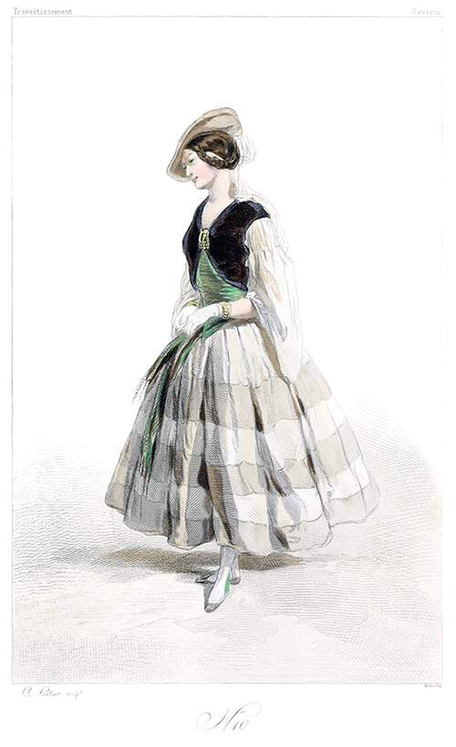 Fashion plate showing a woman wearing a striped dress with a green bodice