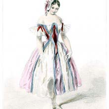 Fashion plate showing a young woman wearing a low-cut dress with blue stripes