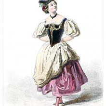 Woman wearing a dress with puffed sleeves and a fuchsia underskirt visible on one side
