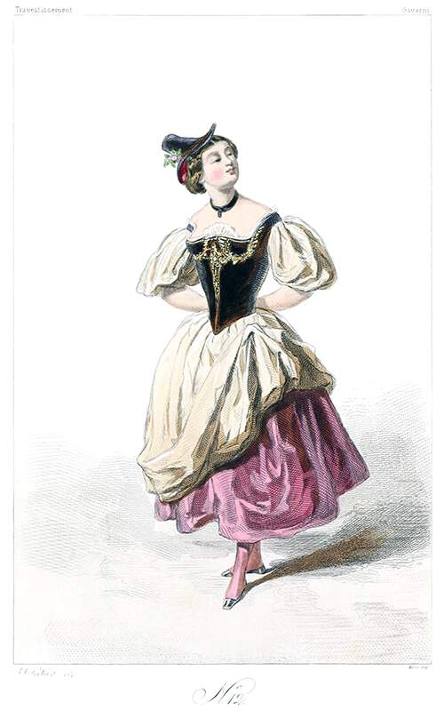 Woman wearing a dress with puffed sleeves and a fuchsia underskirt visible on one side