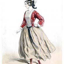 Fashion plate showing a young woman wearing red jacket and stockings