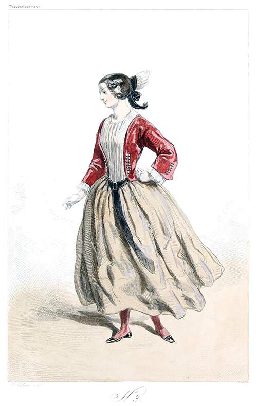 Fashion plate showing a young woman wearing red jacket and stockings