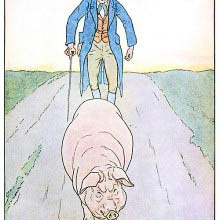 A sullen pig walks down a road, followed by a man walking with a stick