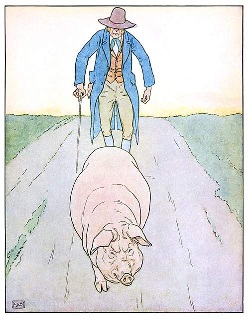 A sullen pig walks down a road, followed by a man walking with a stick