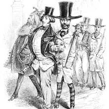 Three men wearing extravagant suits and hats walk arm in arm