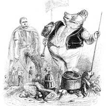 A man with a pig's head and armed with a large fork looks at a soldier behind him