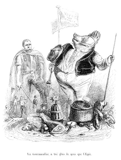 A man with a pig's head and armed with a large fork looks at a soldier behind him