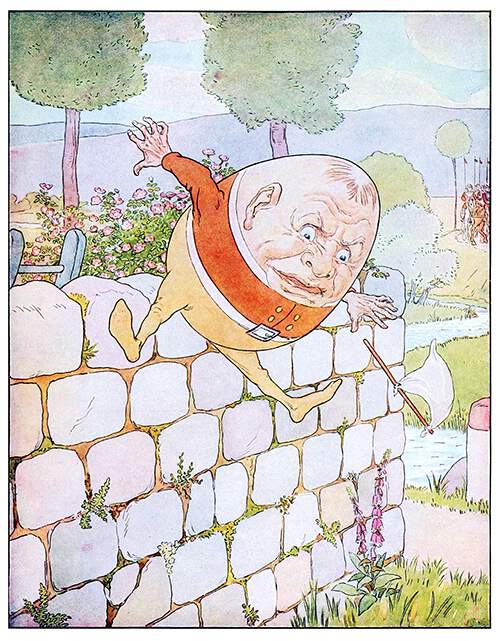 Humpty Dumpty is falling from the wall on which he was sitting