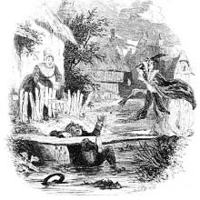 A man has fallen into a carrying wastewater and is helped out by a woman