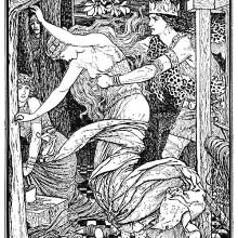 A woman running away toward the woods is seizes her around the waist by a man
