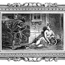 A traveler turns the corner of a house and discovers Fortuna on the threshold