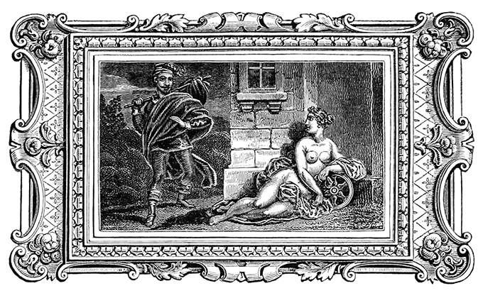 A traveler turns the corner of a house and discovers Fortuna on the threshold