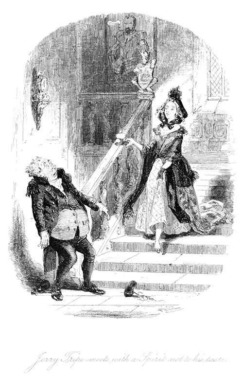 A man stands in fright at the foot of a flight of stairs a woman is descending