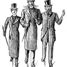 Three men dressed to the nines are walking arm in arm toward the viewer