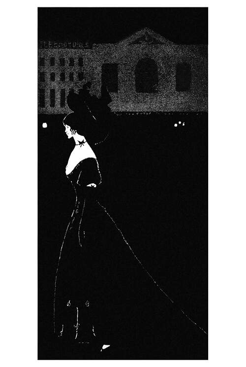 At night, a woman wearing an evening dress walks through an empty square