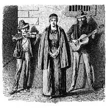 A female singer and two musicians are performing on a street corner