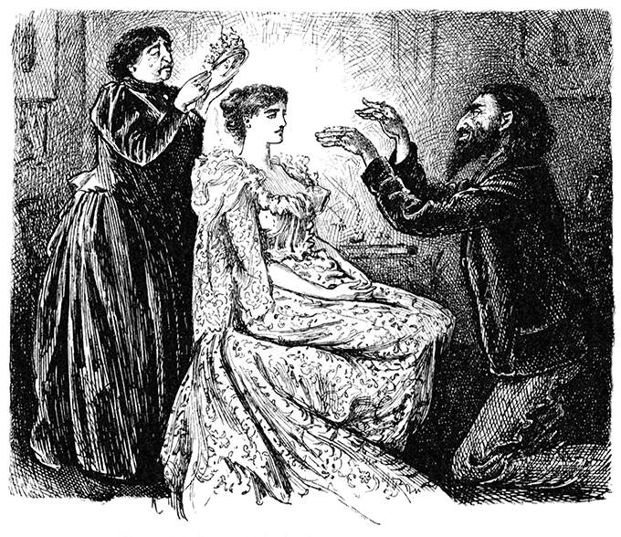 A man is kneeling before a woman, waving his hands and trying to hypnotize her