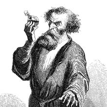 A man in a dressing gown holds a vial at eye level and takes a look at it