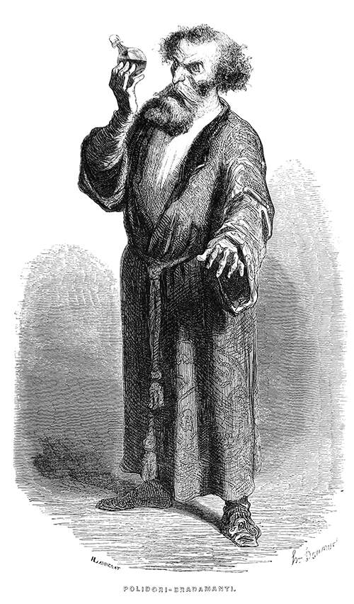 A man in a dressing gown holds a vial at eye level and takes a look at it
