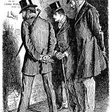 Three men stand watching wistfully a drawing on a wall