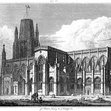 View of the south side of St Mary Redcliffe in Bristol showing the transept and churchyard.