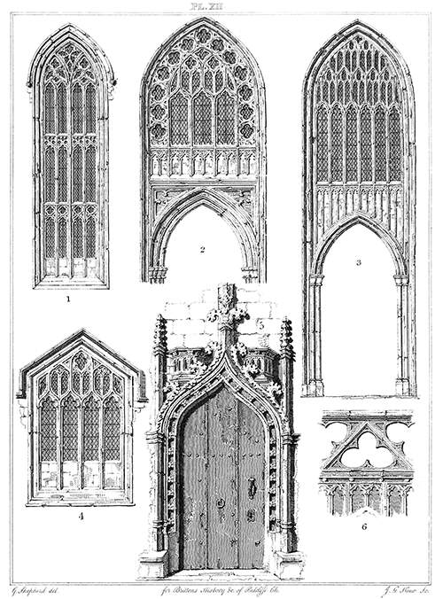 Detail view of four windows and a doorway at St. Mary Redcliffe, Bristol