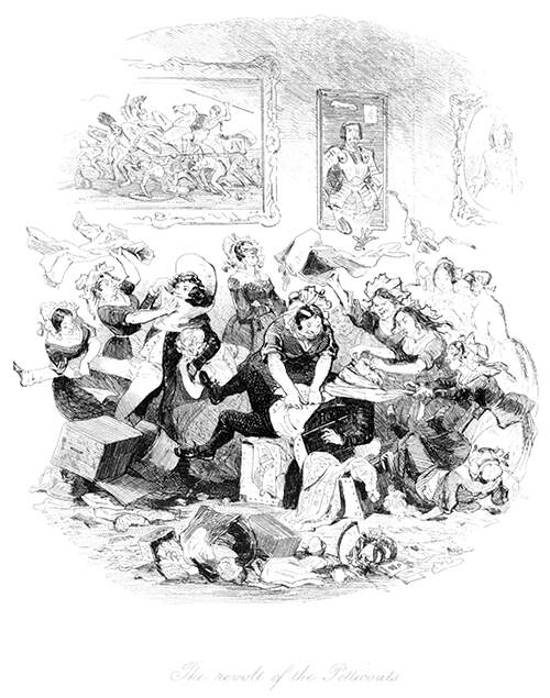 Maids are assaulting two men, armed with petticoats and garments.