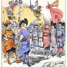 A woman carrying a saber reviews troops of revolutionary female supremacists