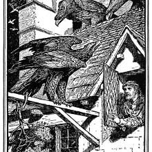 A man opens a garret window as eagles are perched on the roof