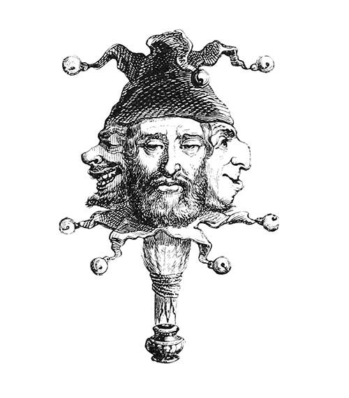 A three-faced figure wears a jester's hat and collar