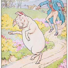 A smiling pig walks on its hind legs on a country road, followed by a man
