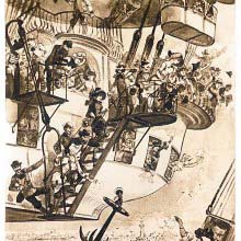 View of a balloon hovering over a coastal city with passengers waving goodbye
