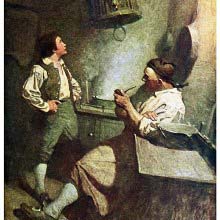 A man smoking a pipe is slooking at a boy looking at a parrot in a cage