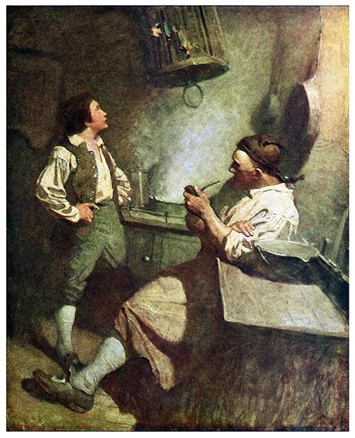 A man smoking a pipe is slooking at a boy looking at a parrot in a cage
