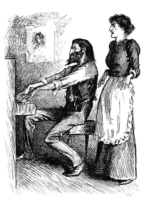 A man is sitting at the piano as a woman stands singing behind him