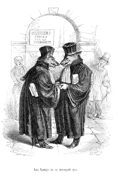 Two wolves in lawyer's robes are congratulating each other