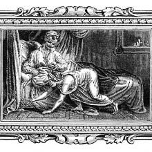 A woman chases a mouse along the side of a bed in which a man is reclining
