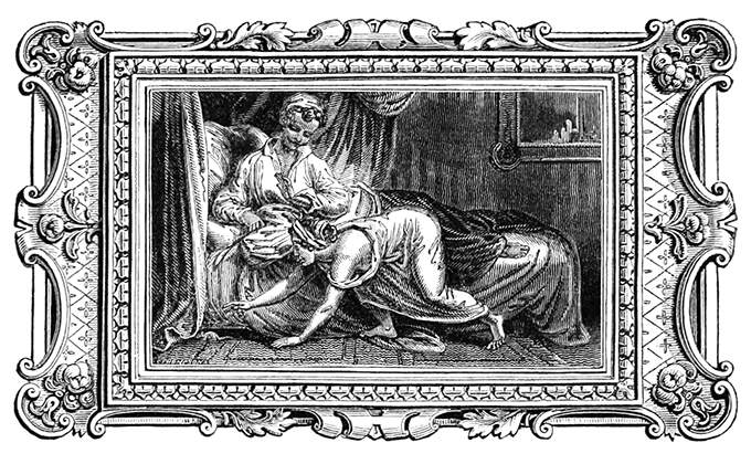 A woman chases a mouse along the side of a bed in which a man is reclining